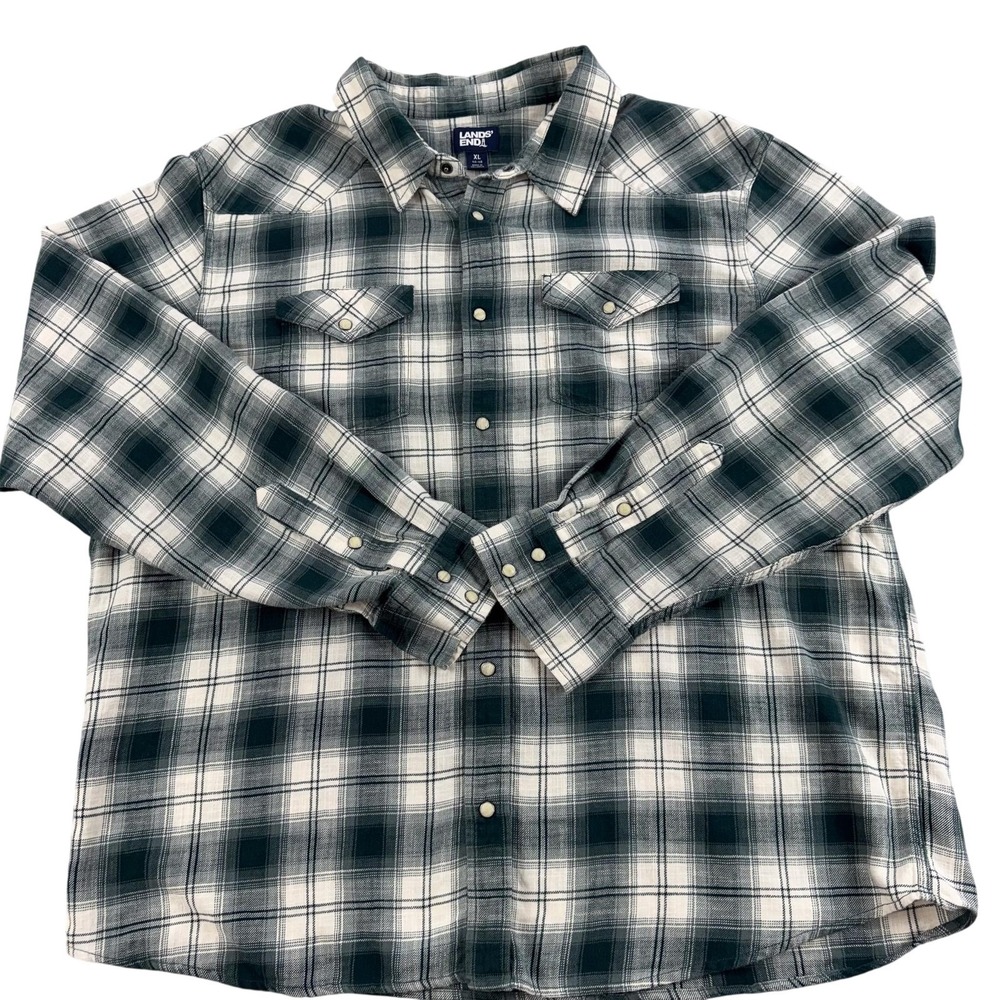 Lands End Shirt Mens XL Green Plaid Long Sleeve Western Pearl Snap Flannel Work